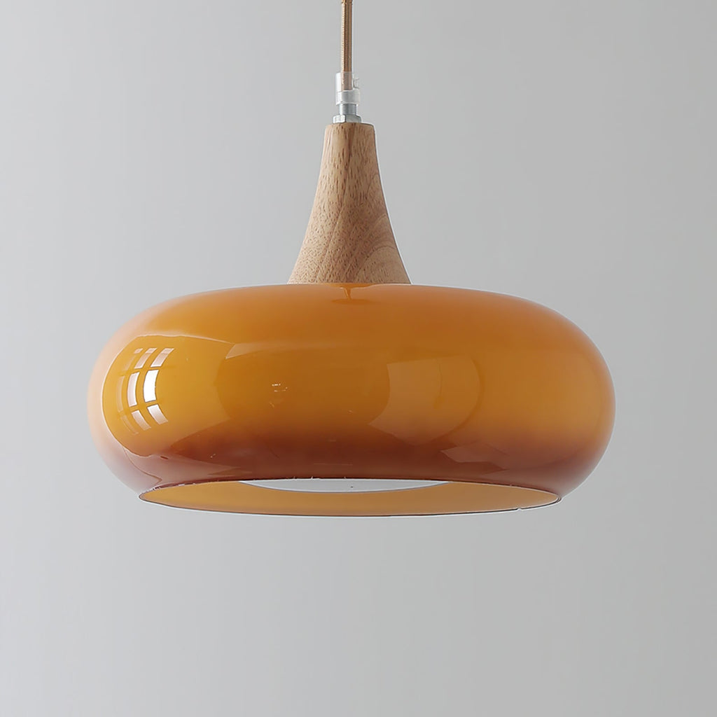 Suspension Eloria — abat-jour en verre ambré, partie supérieure en bois