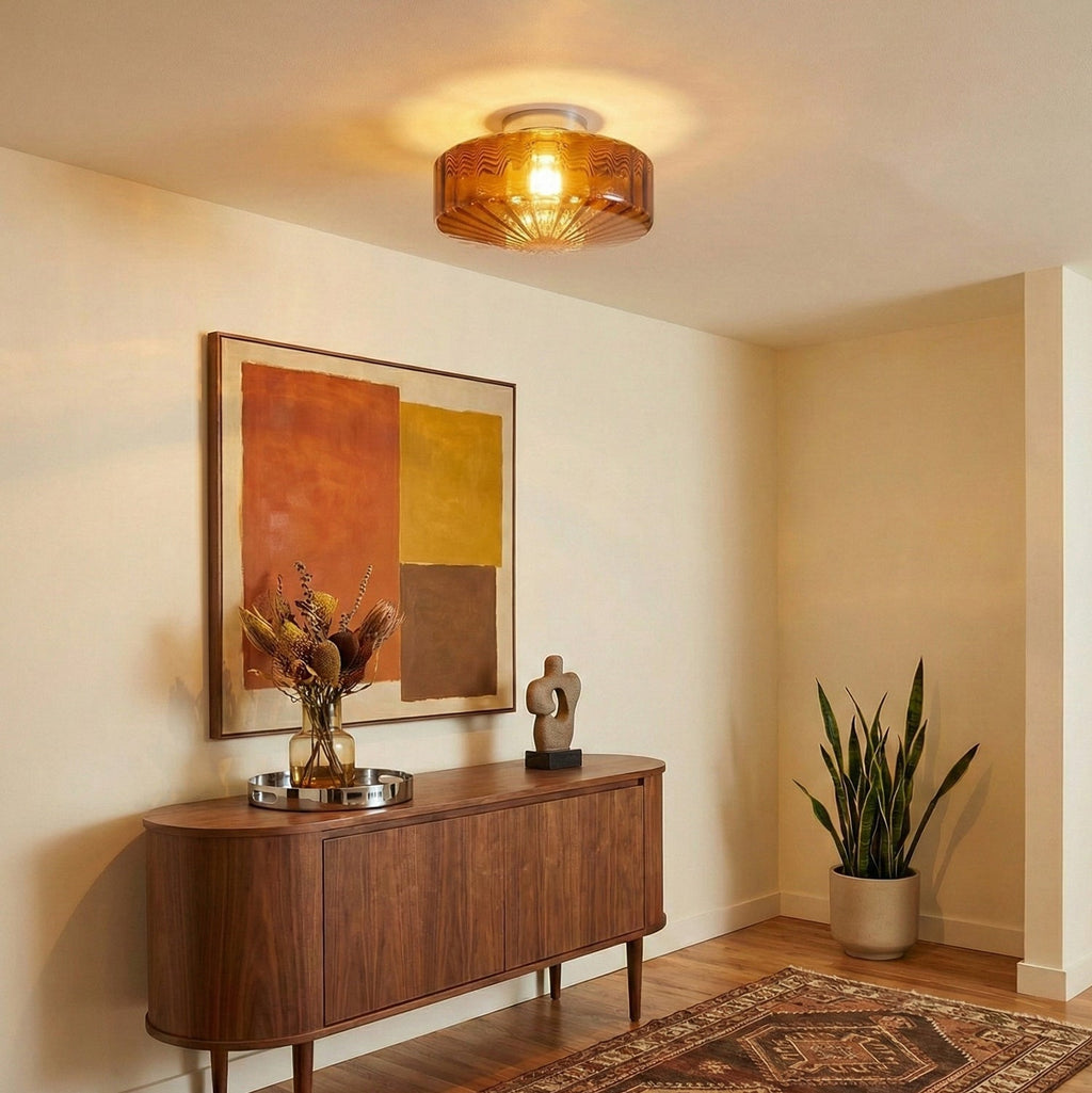 Ribbed Glass Ceiling Light — Chrome Finish, 16cm Flush Mount