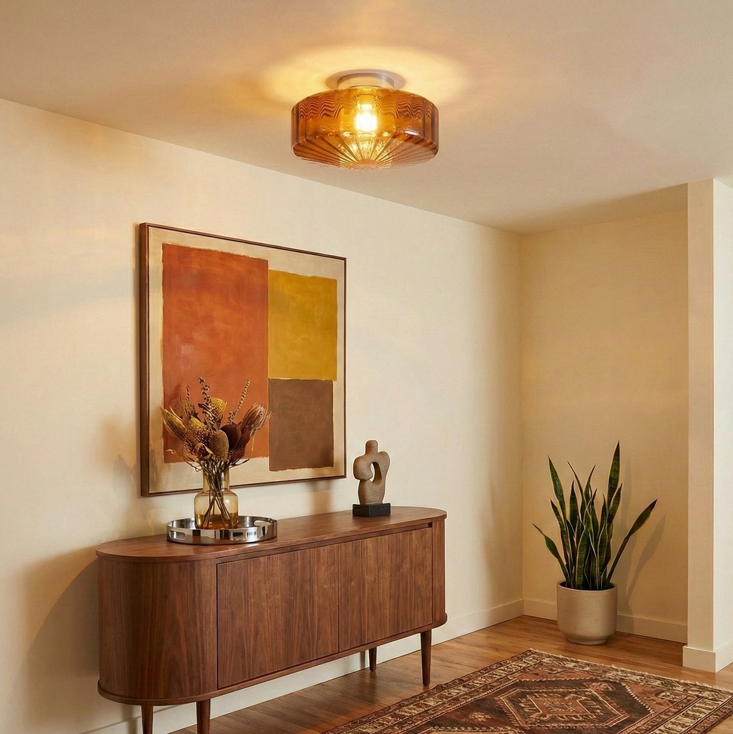 Ribbed Glass Ceiling Light — Chrome Finish, 16cm Flush Mount