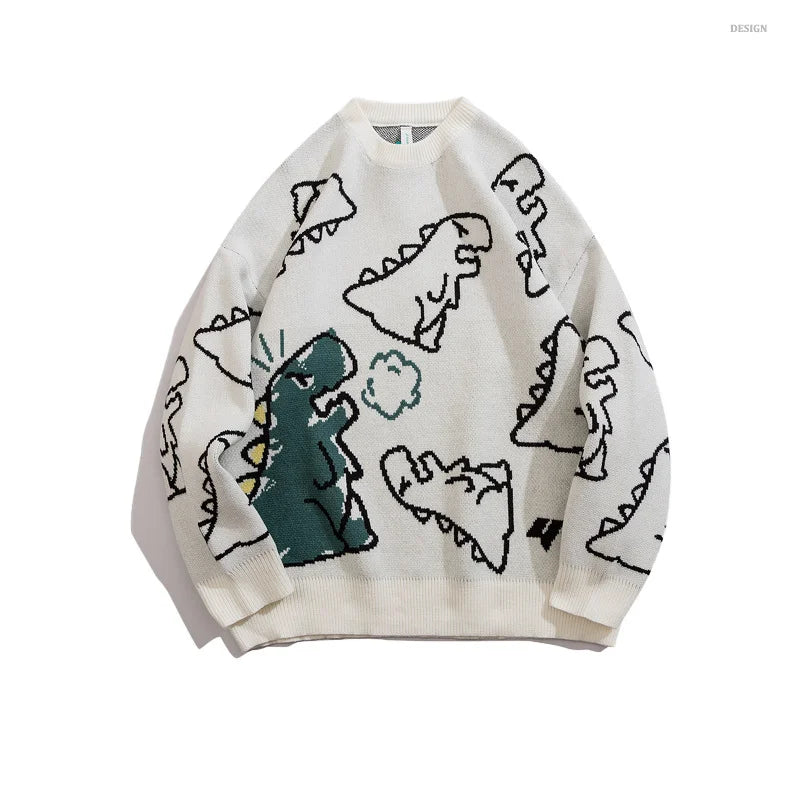 Ed Men’s Oversized Knitted Harajuku Dinosaur O-Neck Sweater