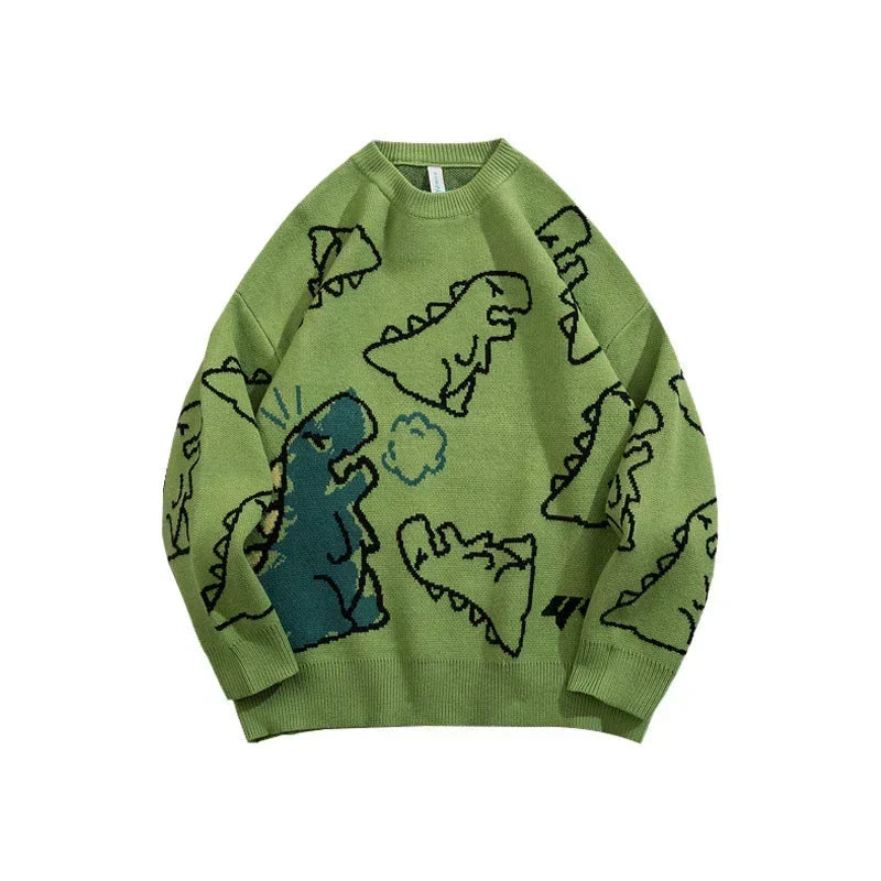 Ed Men’s Oversized Knitted Harajuku Dinosaur O-Neck Sweater