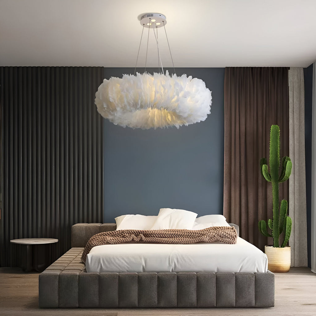 Aurelia White Circular Feathered Pendant Light With Diffused Glow
