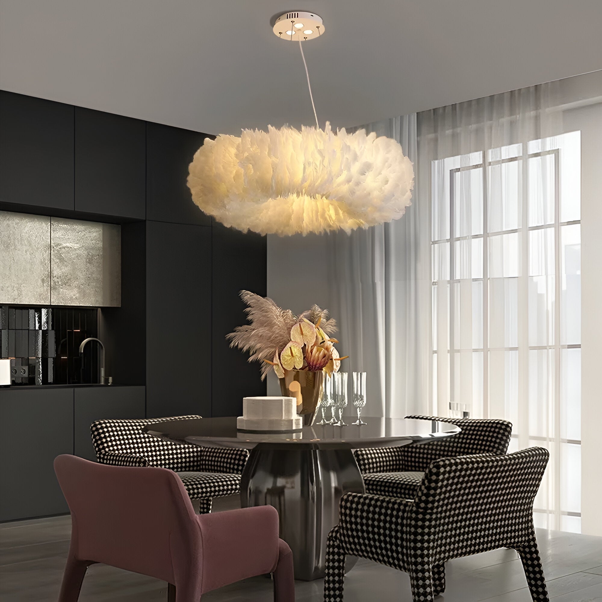 Aurelia White Circular Feathered Pendant Light With Diffused Glow
