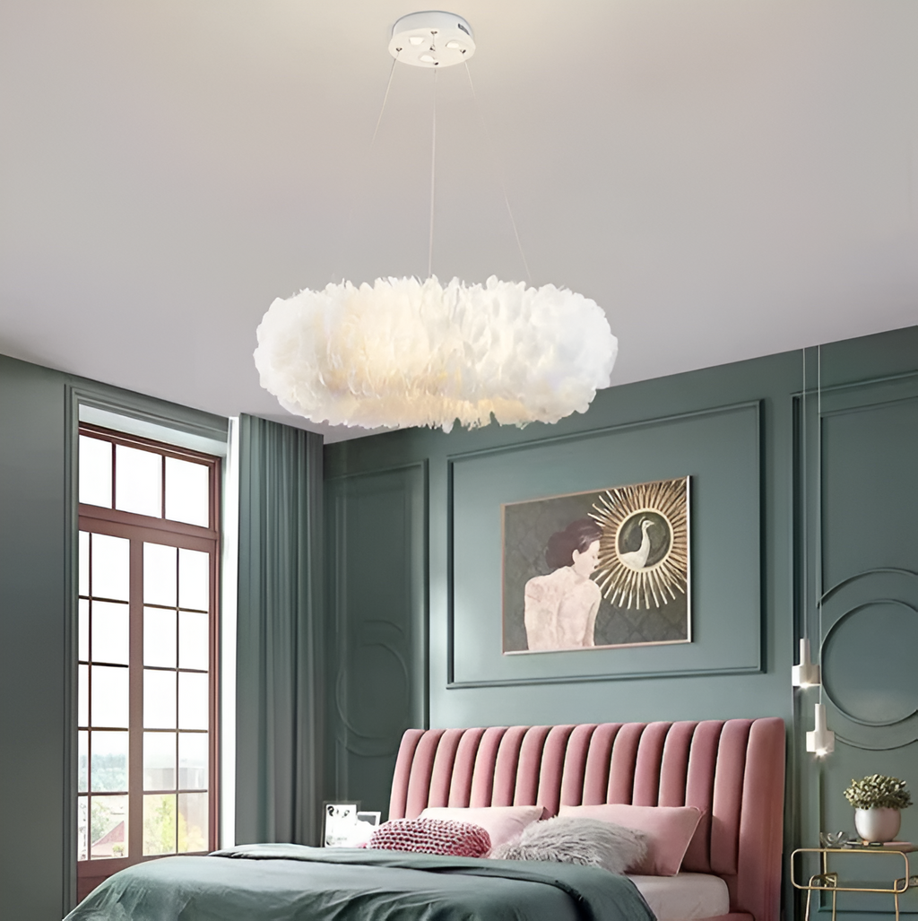 Cresora White Feathered Pendant Light With Circular Design For Elegant Rooms
