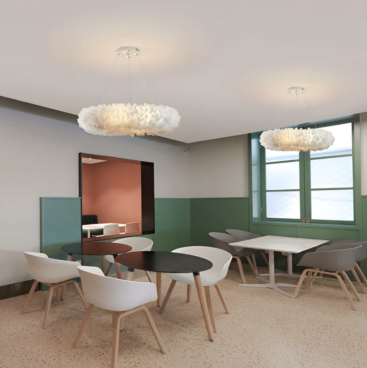 Aurelia White Circular Feathered Pendant Light With Diffused Glow