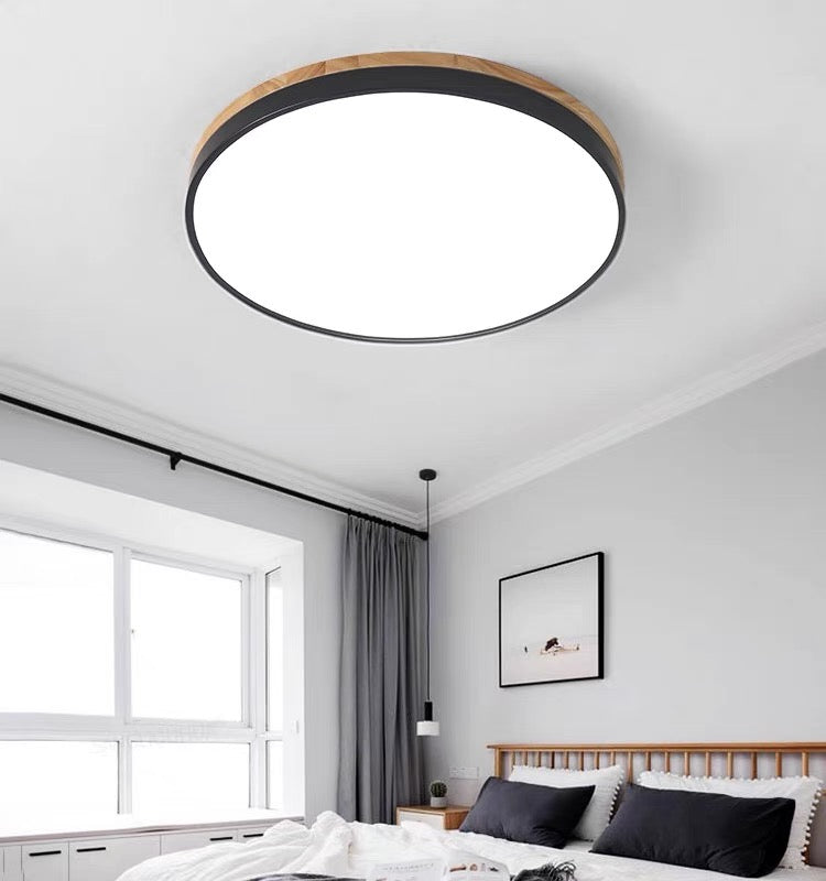 Scandinavian Wooden LED Ceiling Light — Round Dimmable Design, Warm Glow, Acrylic Trim