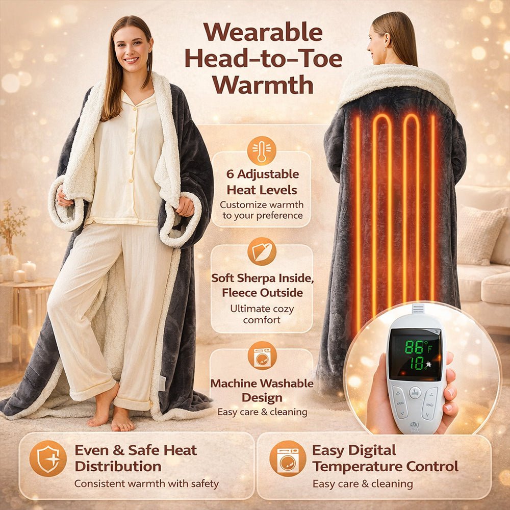 Electric Heated Sherpa Fleece Wearable Blanket — Integrated Sleeves and Foot Pockets