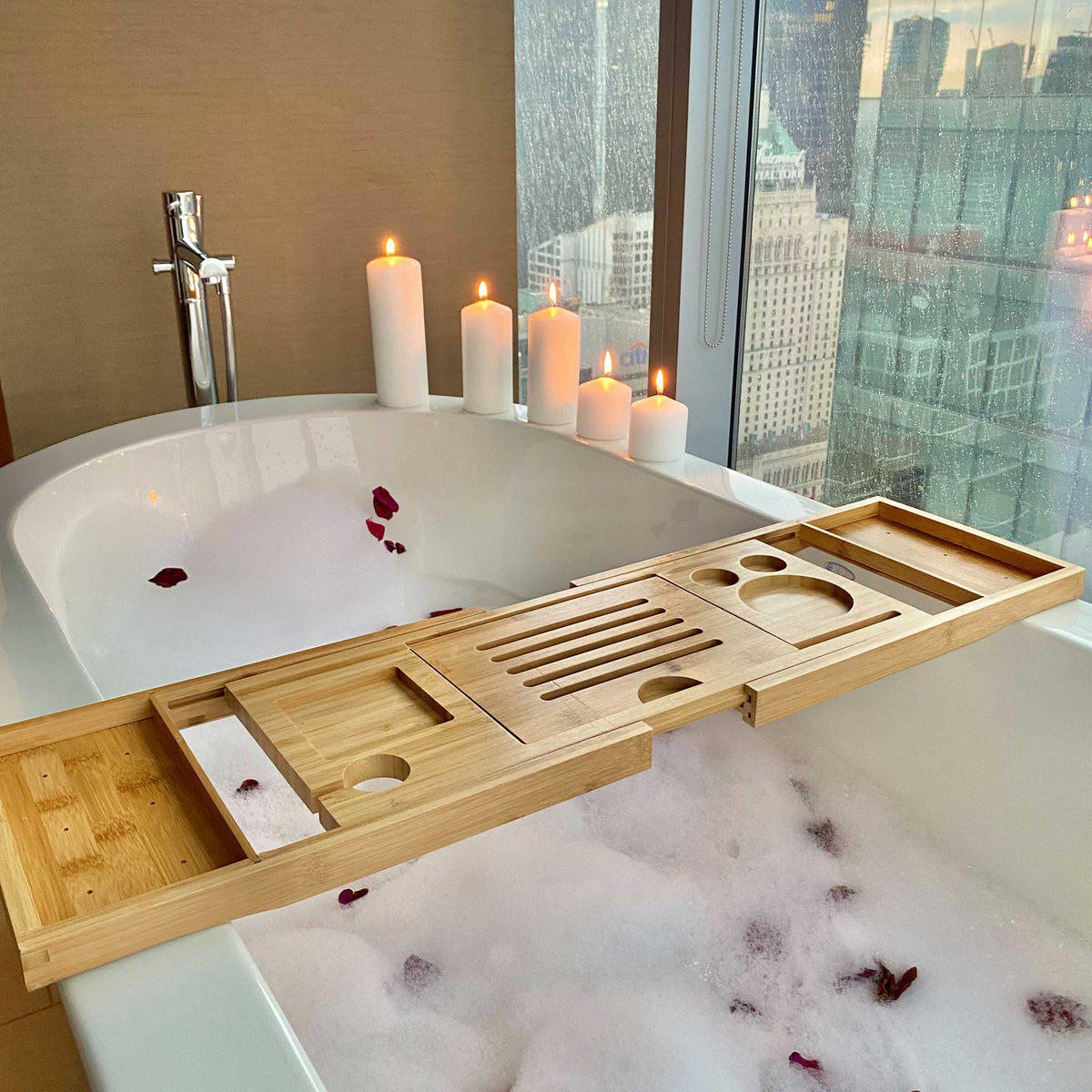Adjustable Bamboo Bathtub Tray — Book, Tablet & Wine Holder