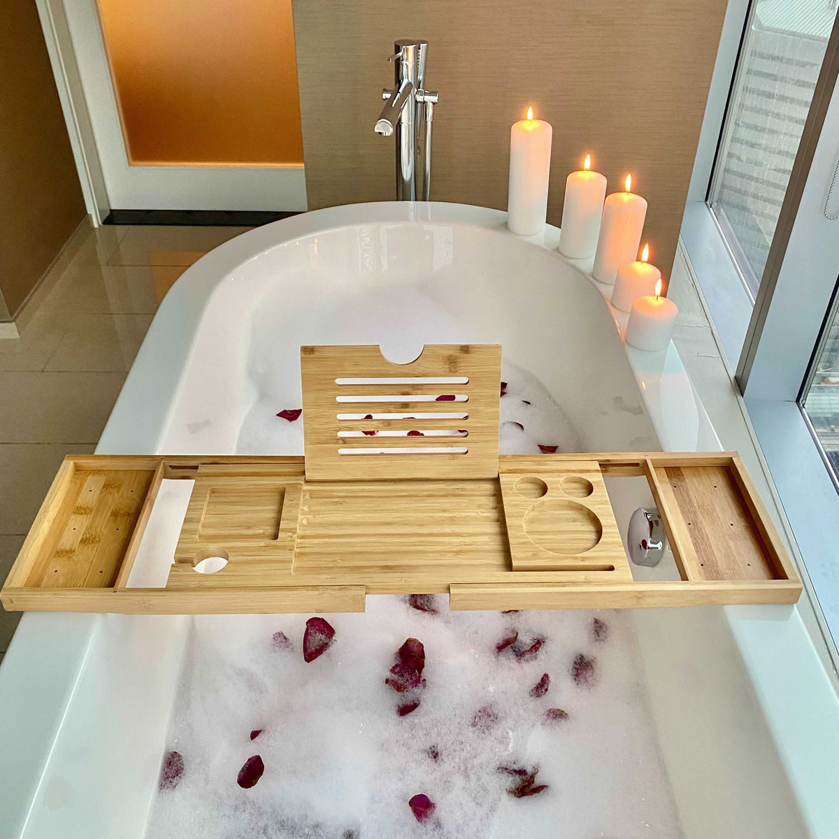 Adjustable Bamboo Bathtub Tray — Book, Tablet & Wine Holder