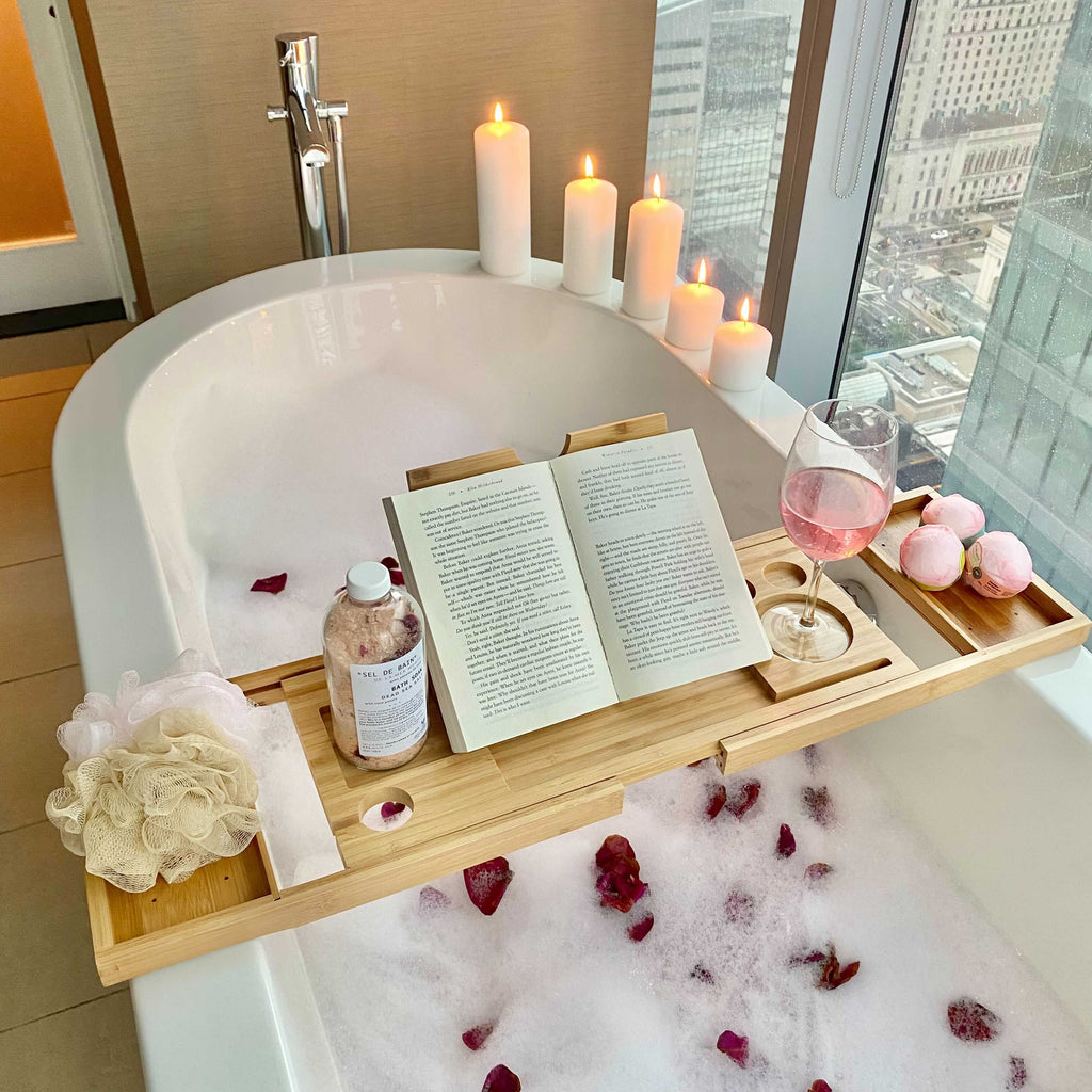 Adjustable Bamboo Bathtub Tray — Book, Tablet & Wine Holder