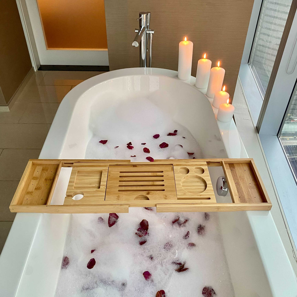 Adjustable Bamboo Bathtub Tray — Book, Tablet & Wine Holder