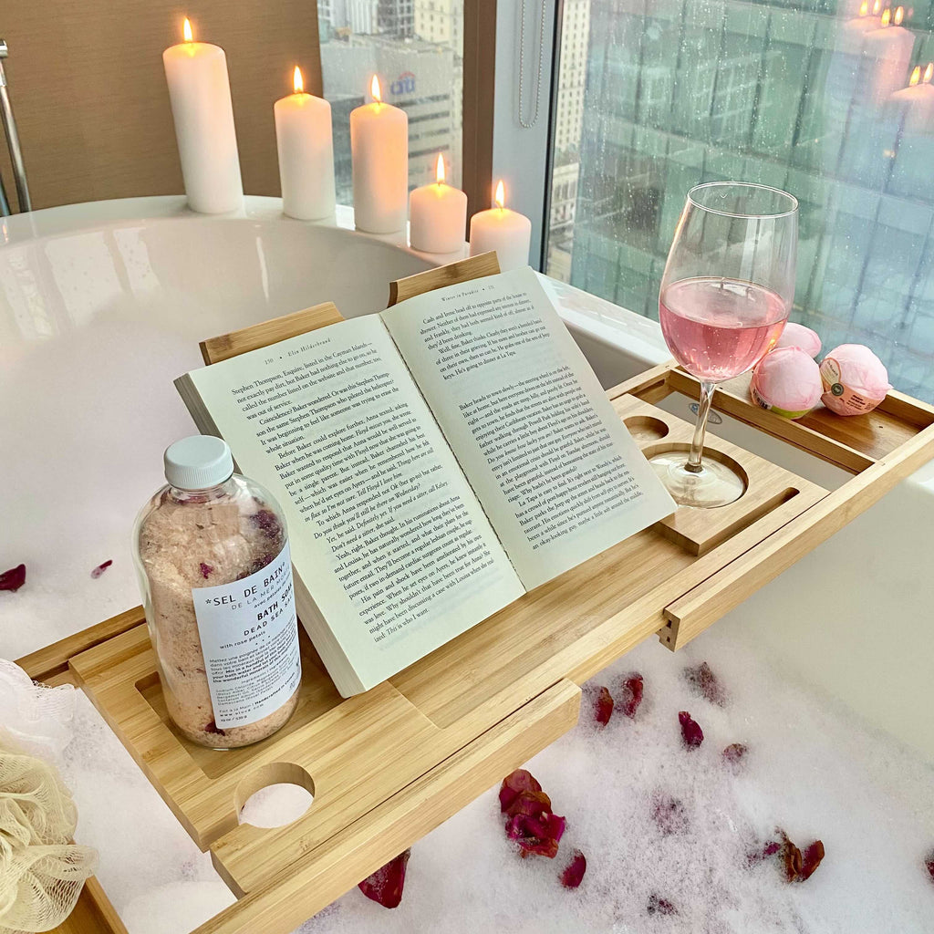 Adjustable Bamboo Bathtub Tray — Book, Tablet & Wine Holder