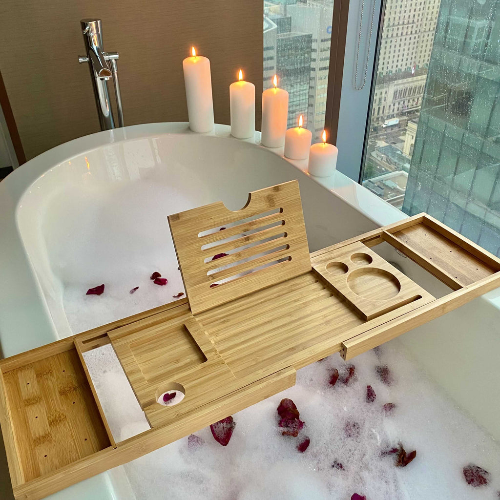 Adjustable Bamboo Bathtub Tray — Book, Tablet & Wine Holder