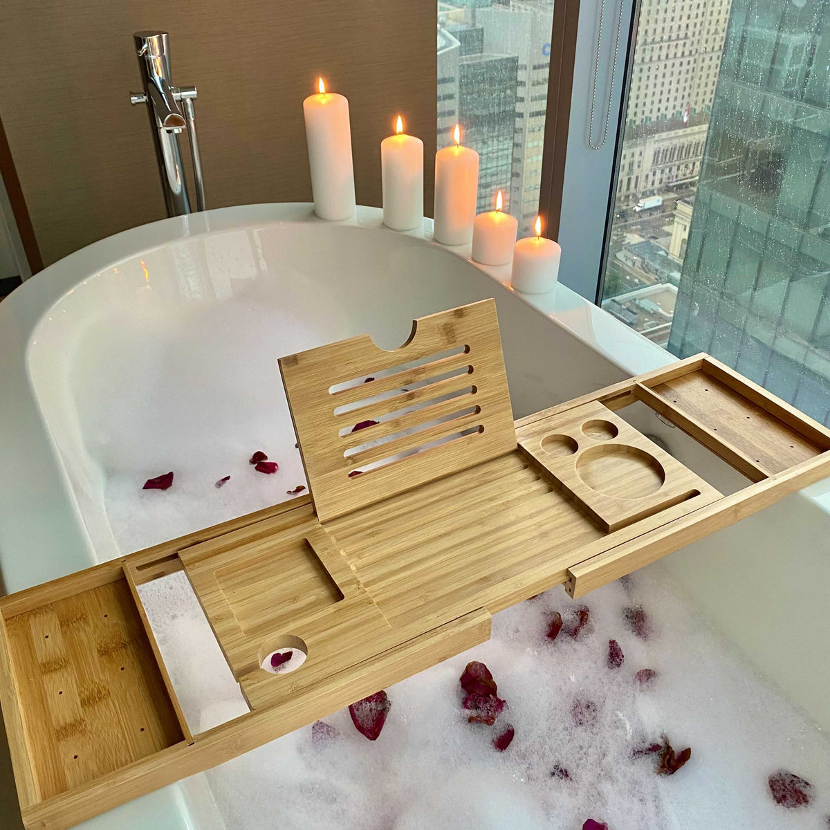Adjustable Bamboo Bathtub Tray — Book, Tablet & Wine Holder