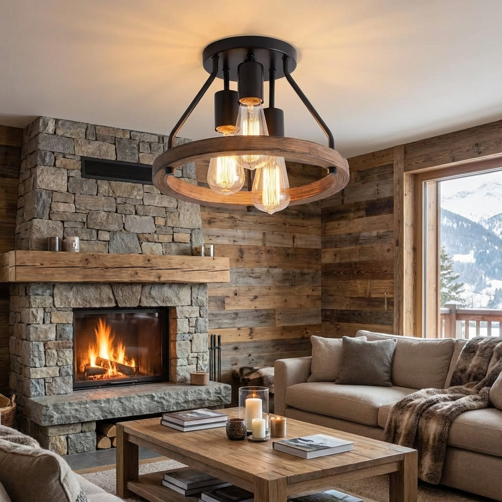 Semi-Flush Rustic Ceiling Light — Wood Ring Shade, 3-Light E27 Sockets, Black Industrial Finish