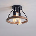 Semi-Flush Rustic Ceiling Light — Wood Ring Shade, 3-Light E27 Sockets, Black Industrial Finish