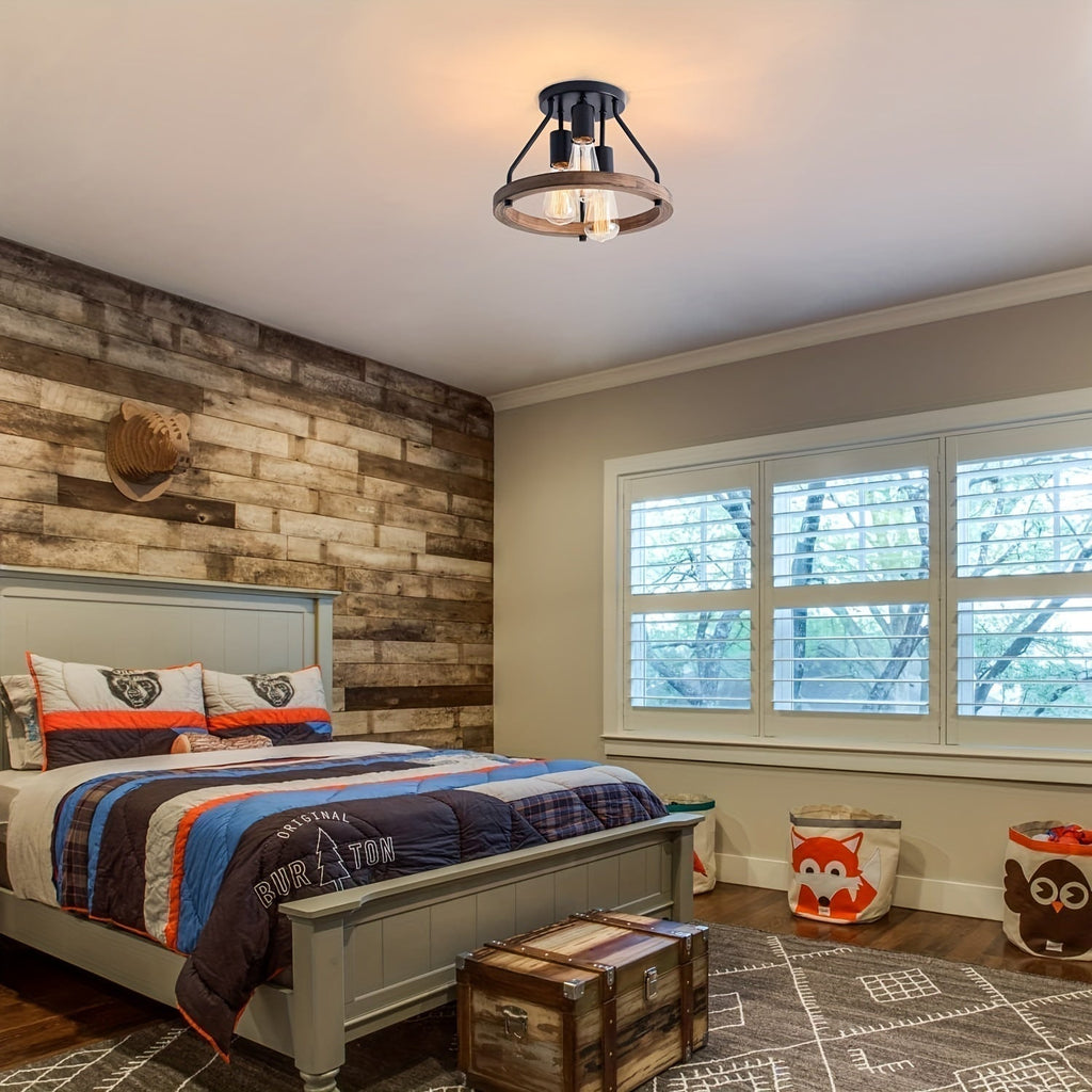 Semi-Flush Rustic Ceiling Light — Wood Ring Shade, 3-Light E27 Sockets, Black Industrial Finish
