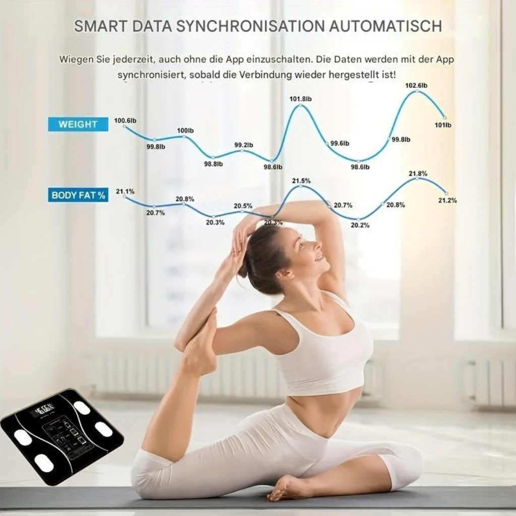 Intelligente Körperanalysewaage fitscale — Gewicht, BMI und Körperfettwerte