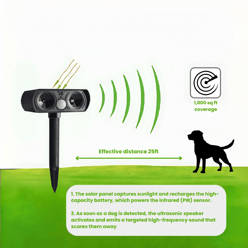 Solar Powered Ultrasonic Dog Deterrent — Motion Activated Sensor