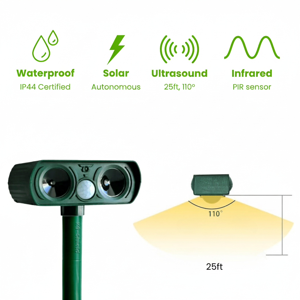 Solar Powered Ultrasonic Dog Deterrent — Motion Activated Sensor