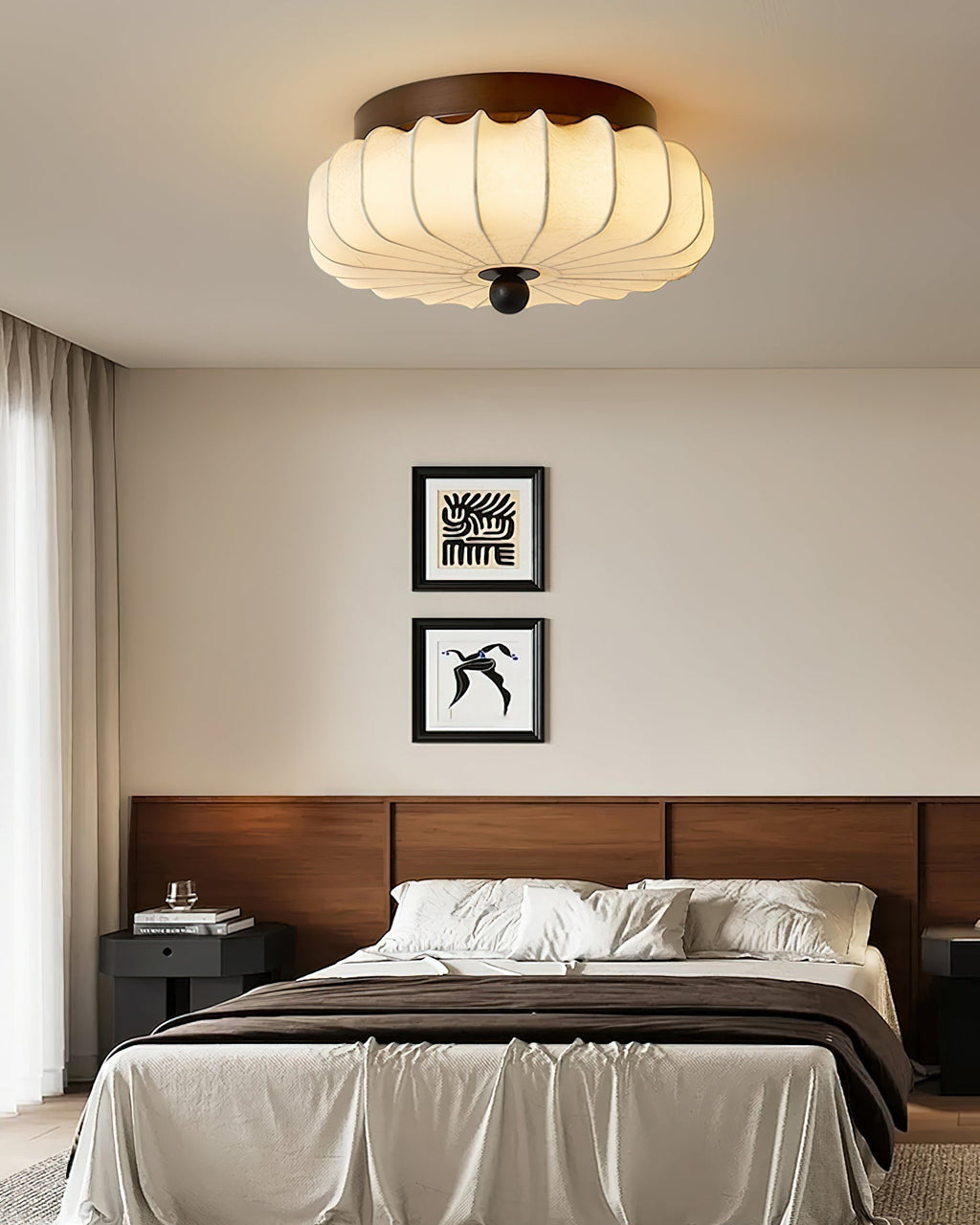Luz de teto LED integrada de estilo vintage — moldura em nogueira, abajur em tecido