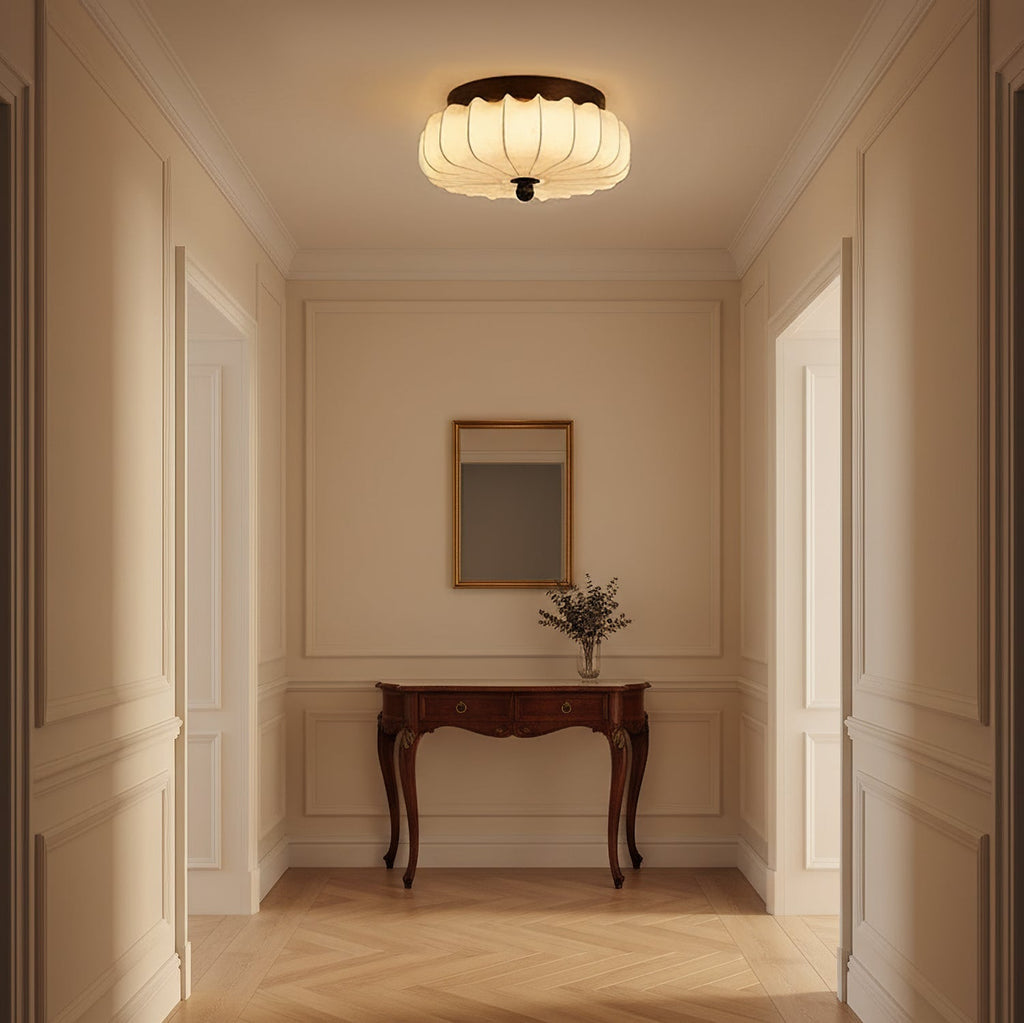 Luz de teto LED integrada de estilo vintage — moldura em nogueira, abajur em tecido