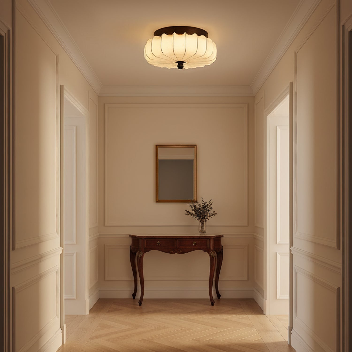 Luz de teto LED integrada de estilo vintage — moldura em nogueira, abajur em tecido
