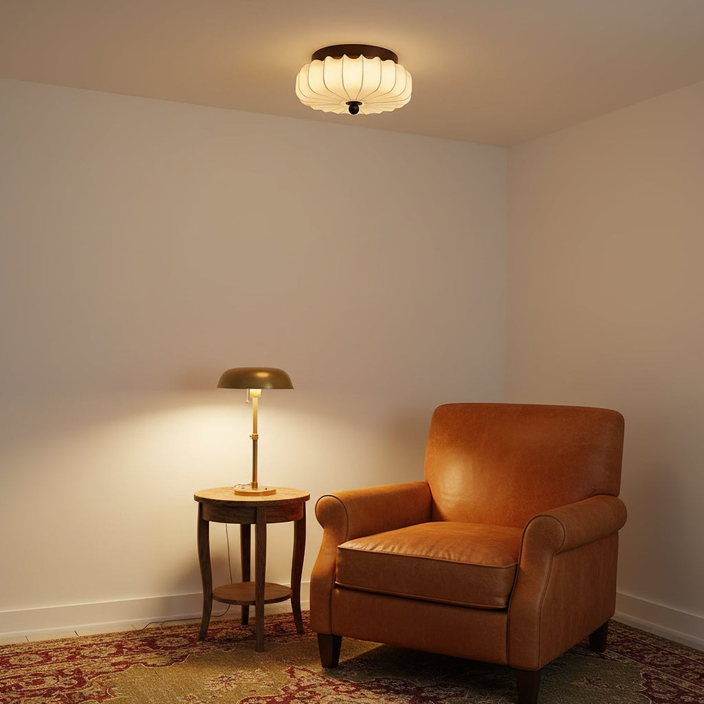Luz de teto LED integrada de estilo vintage — moldura em nogueira, abajur em tecido