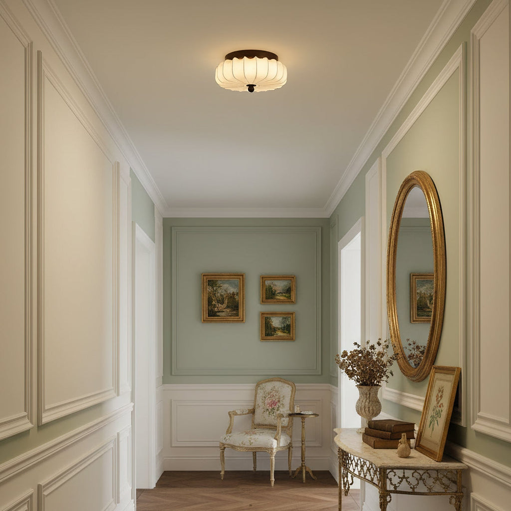 Luz de teto LED integrada de estilo vintage — moldura em nogueira, abajur em tecido