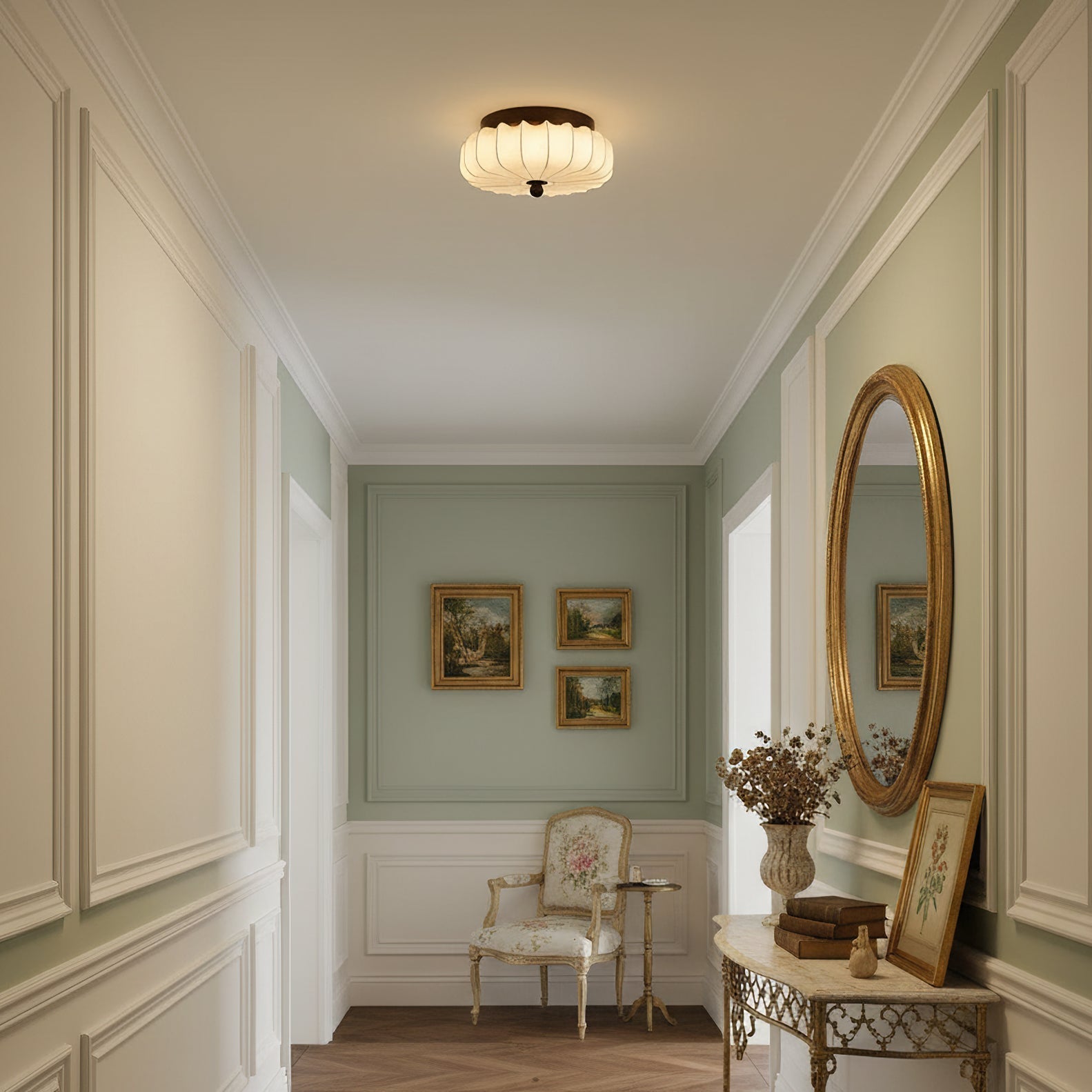 Luz de teto LED integrada de estilo vintage — moldura em nogueira, abajur em tecido