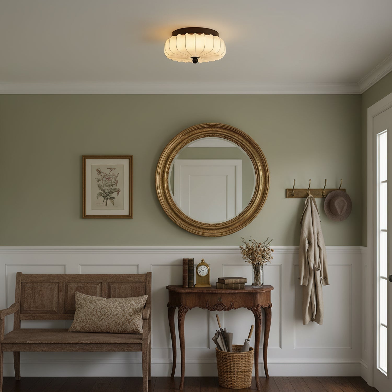 Luz de teto LED integrada de estilo vintage — moldura em nogueira, abajur em tecido