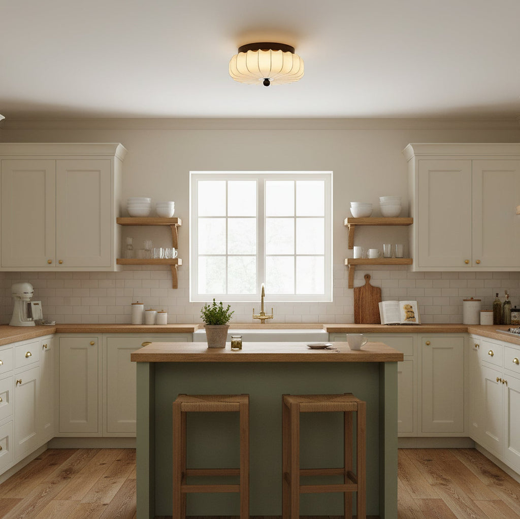 Luz de teto LED integrada de estilo vintage — moldura em nogueira, abajur em tecido