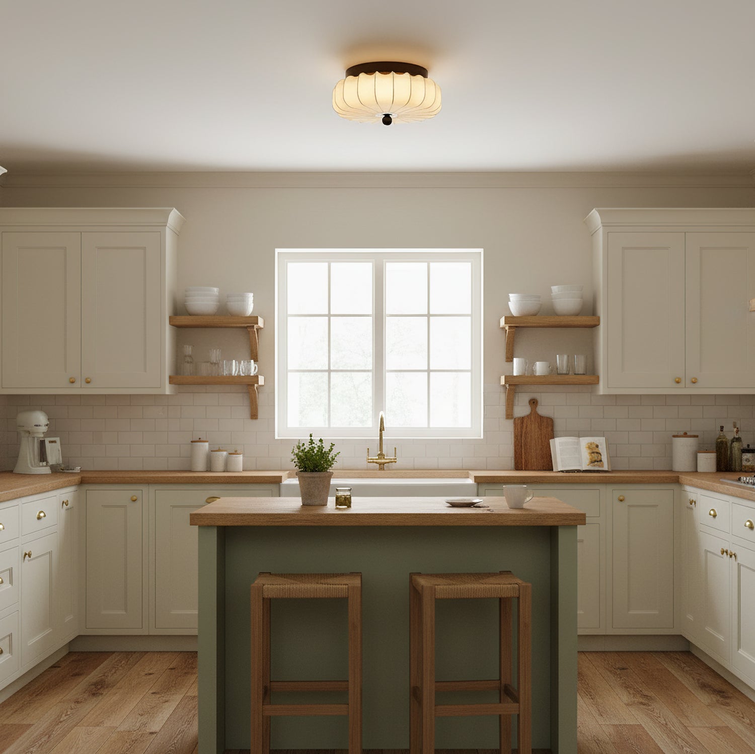 Luz de teto LED integrada de estilo vintage — moldura em nogueira, abajur em tecido