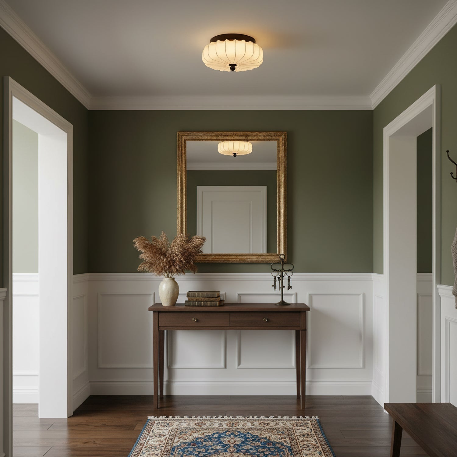 Luz de teto LED integrada de estilo vintage — moldura em nogueira, abajur em tecido