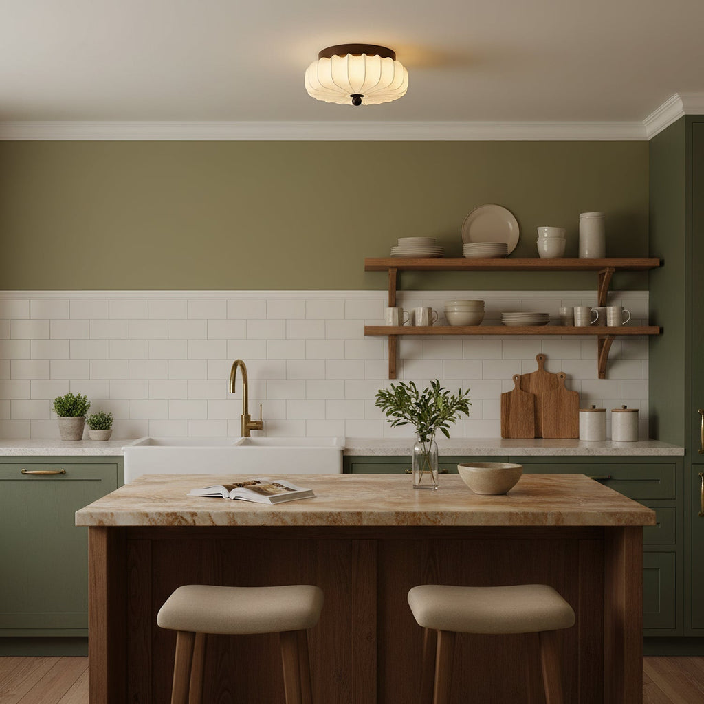 Luz de teto LED integrada de estilo vintage — moldura em nogueira, abajur em tecido