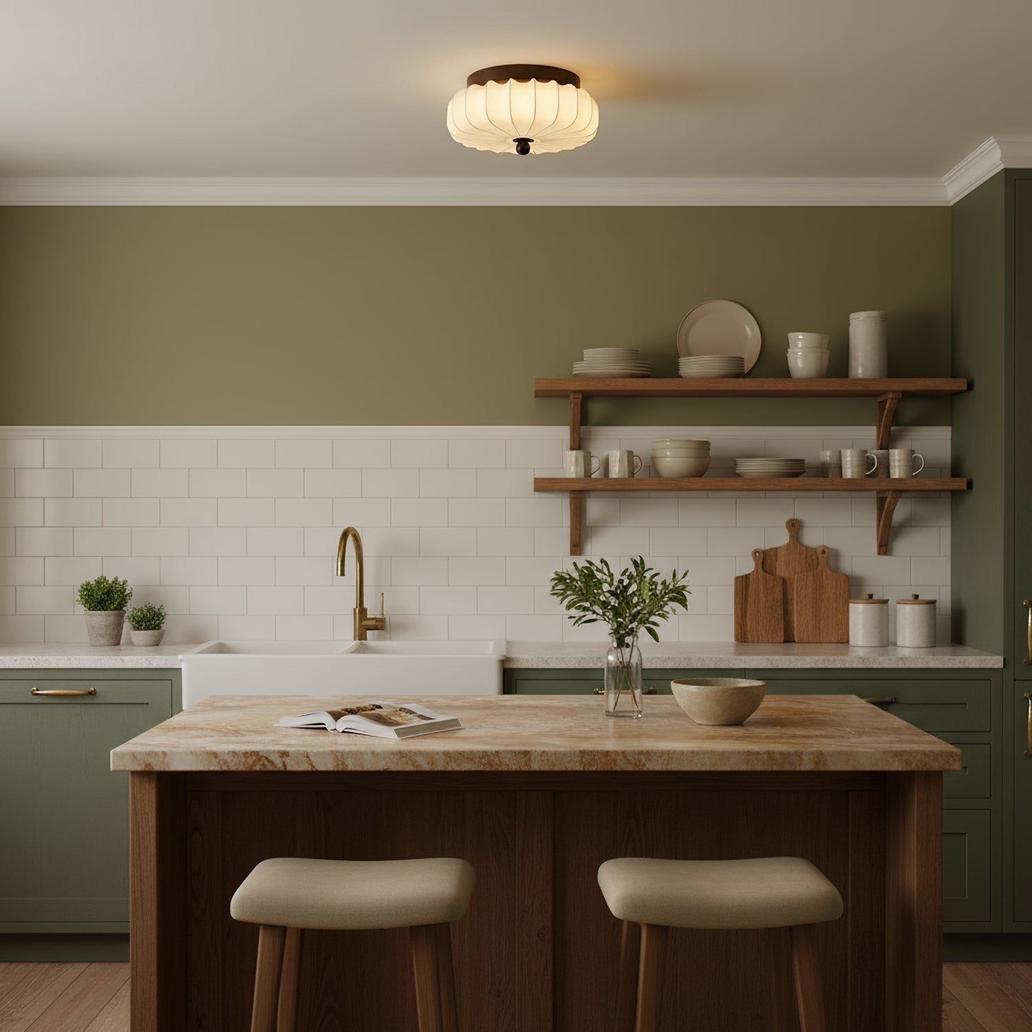 Luz de teto LED integrada de estilo vintage — moldura em nogueira, abajur em tecido