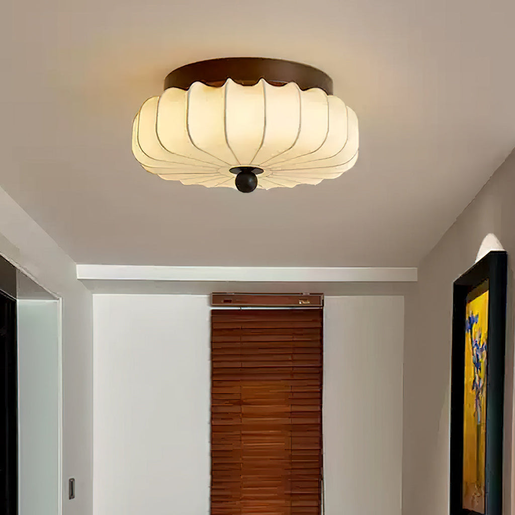 Luz de teto LED integrada de estilo vintage — moldura em nogueira, abajur em tecido
