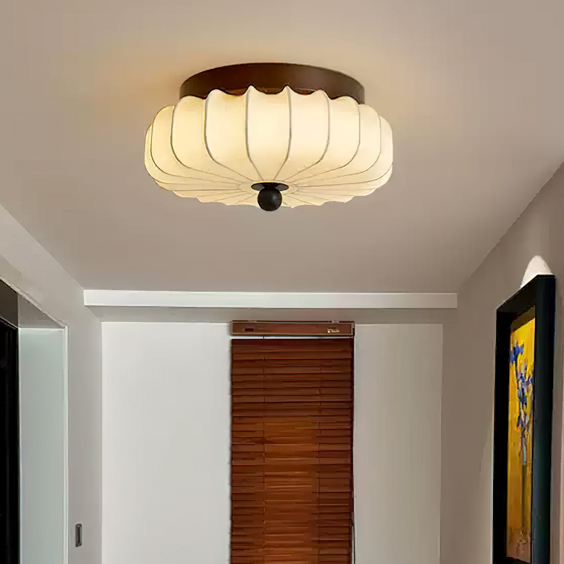 Luz de teto LED integrada de estilo vintage — moldura em nogueira, abajur em tecido