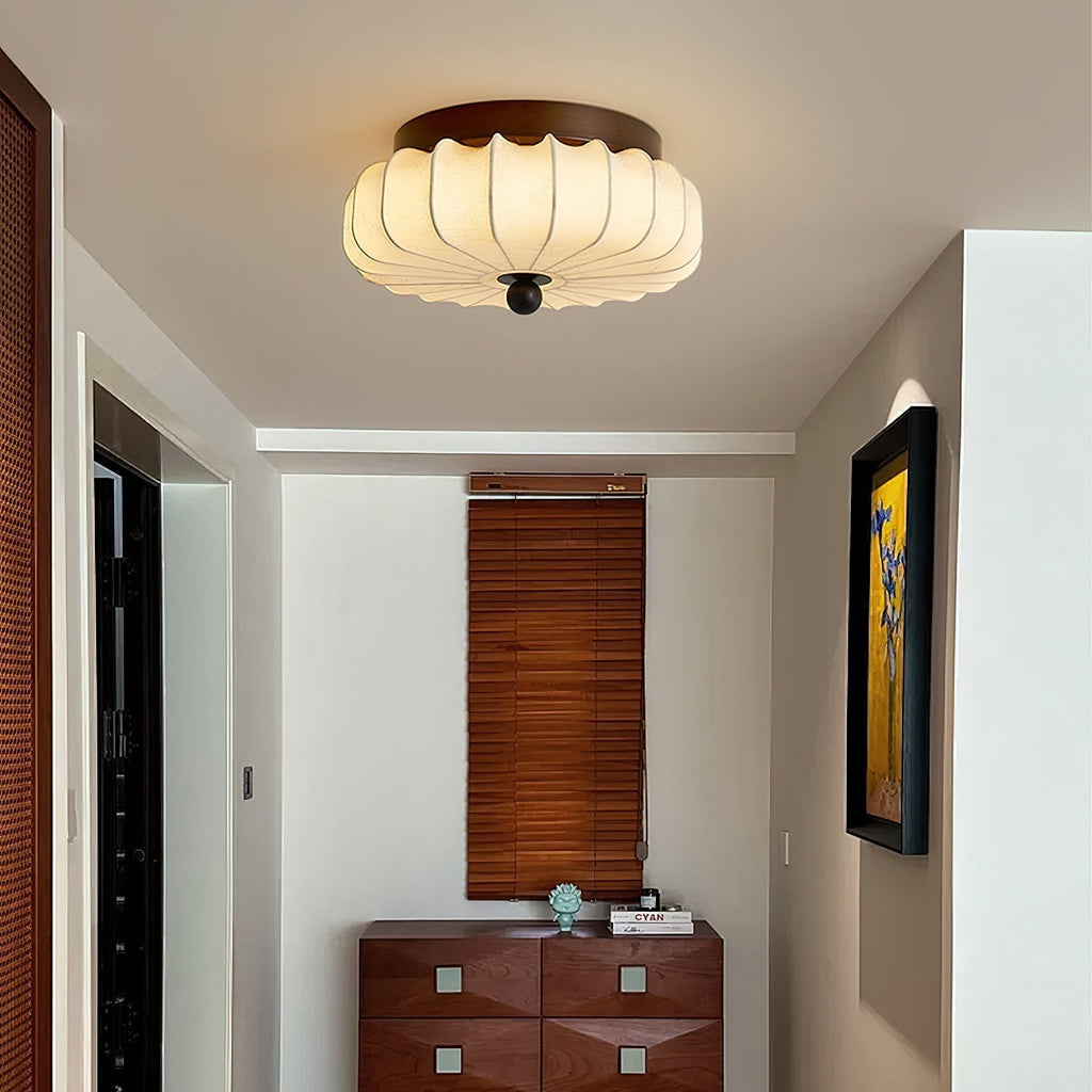 Luz de teto LED integrada de estilo vintage — moldura em nogueira, abajur em tecido
