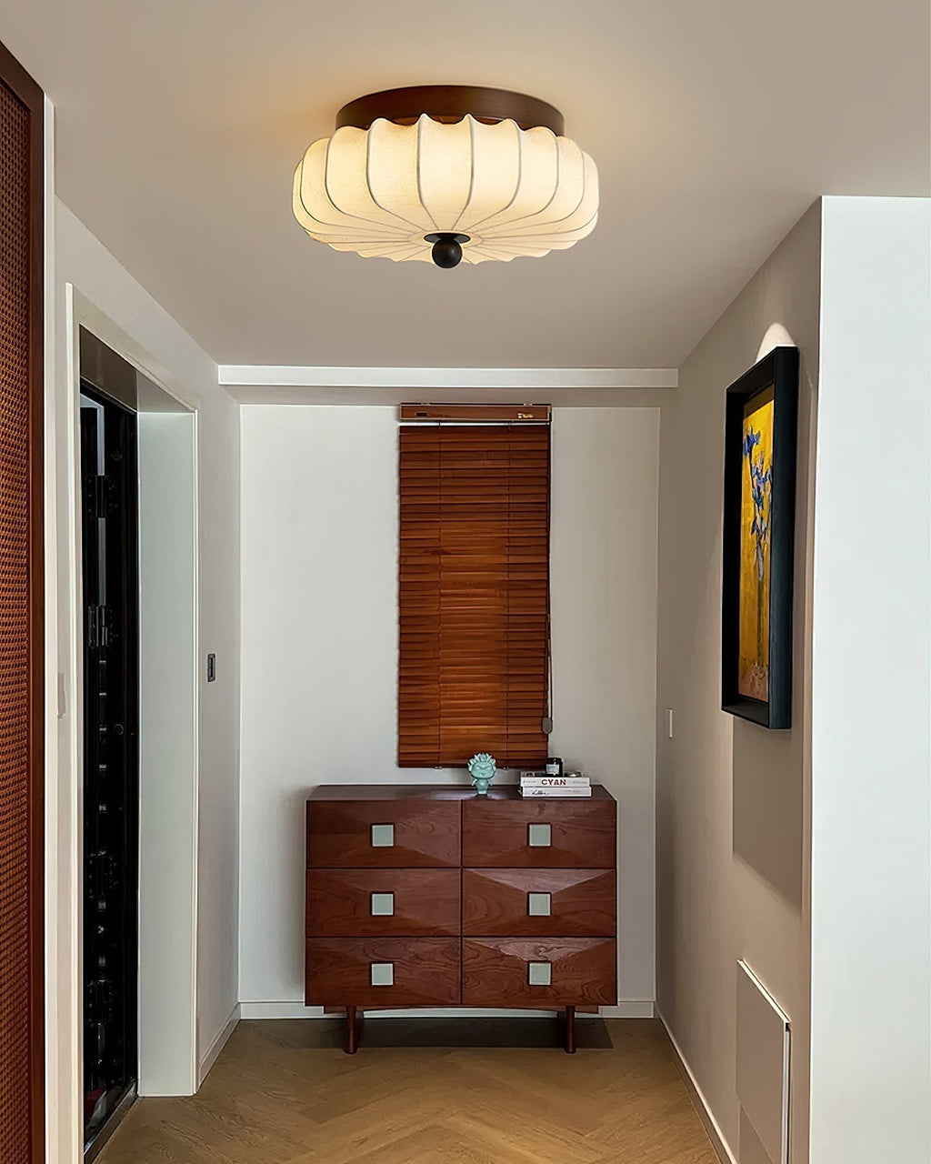 Luz de teto LED integrada de estilo vintage — moldura em nogueira, abajur em tecido