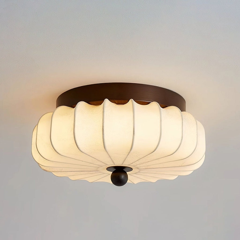 Luz de teto LED integrada de estilo vintage — moldura em nogueira, abajur em tecido