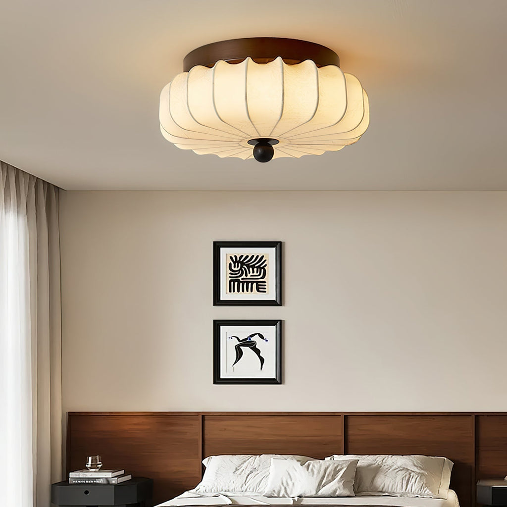 Luz de teto LED integrada de estilo vintage — moldura em nogueira, abajur em tecido
