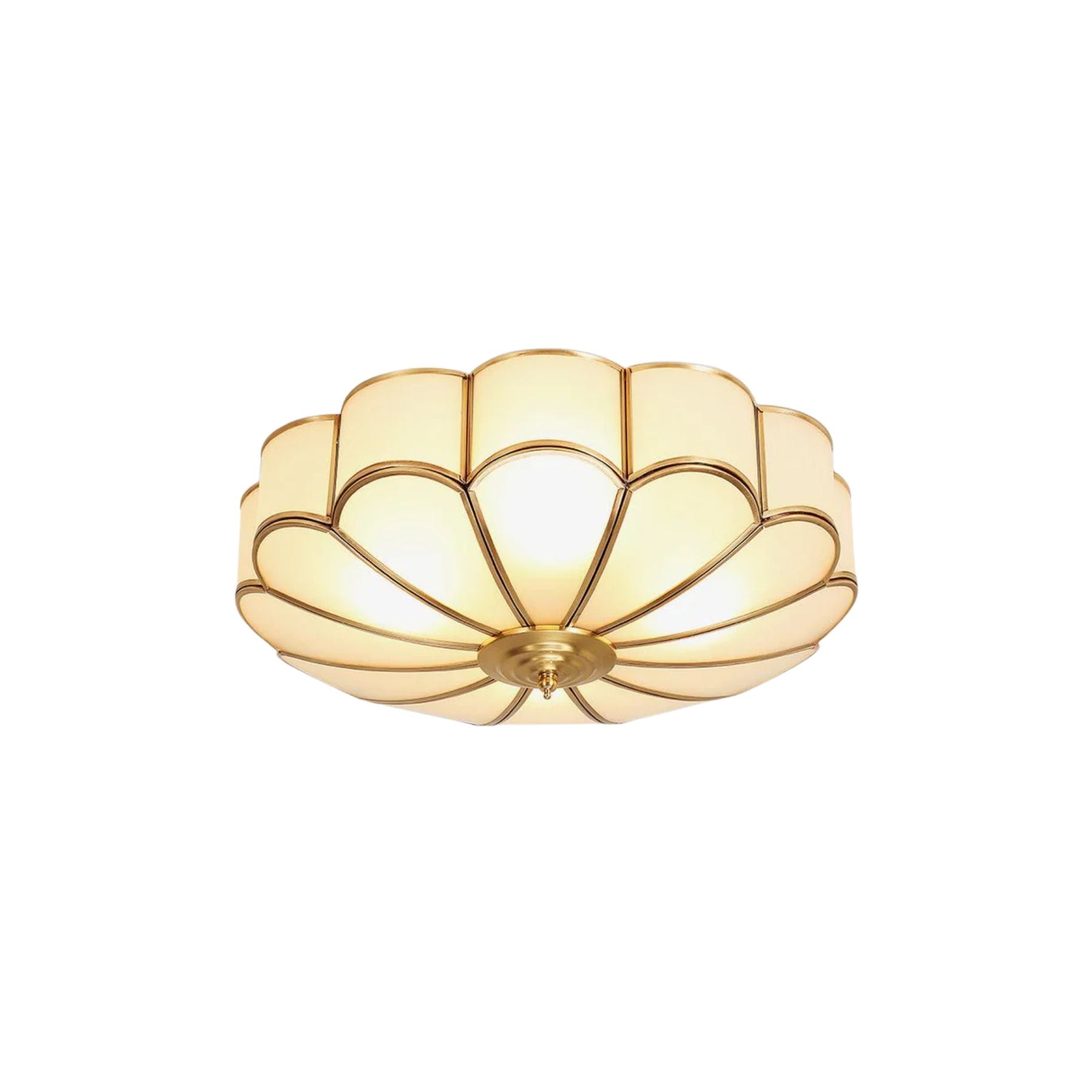 Gold Brass Round Ceiling Light — Anti-Glare Glass Panel, Diffused Warm Glow