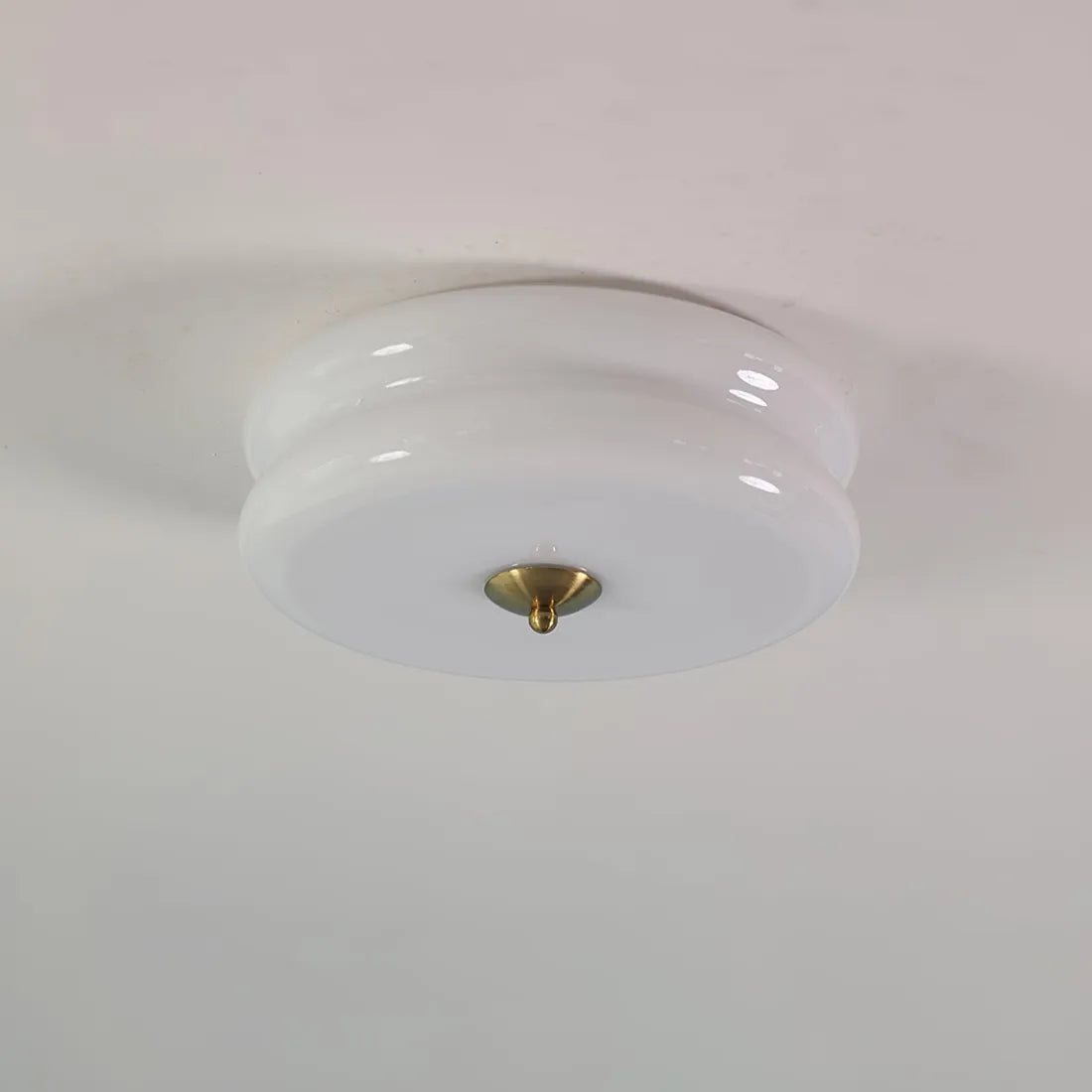 Industrial Glass Ceiling Light — LED Illumination, Gold Chrome Trim, Frosted White Dome, 13cm Height