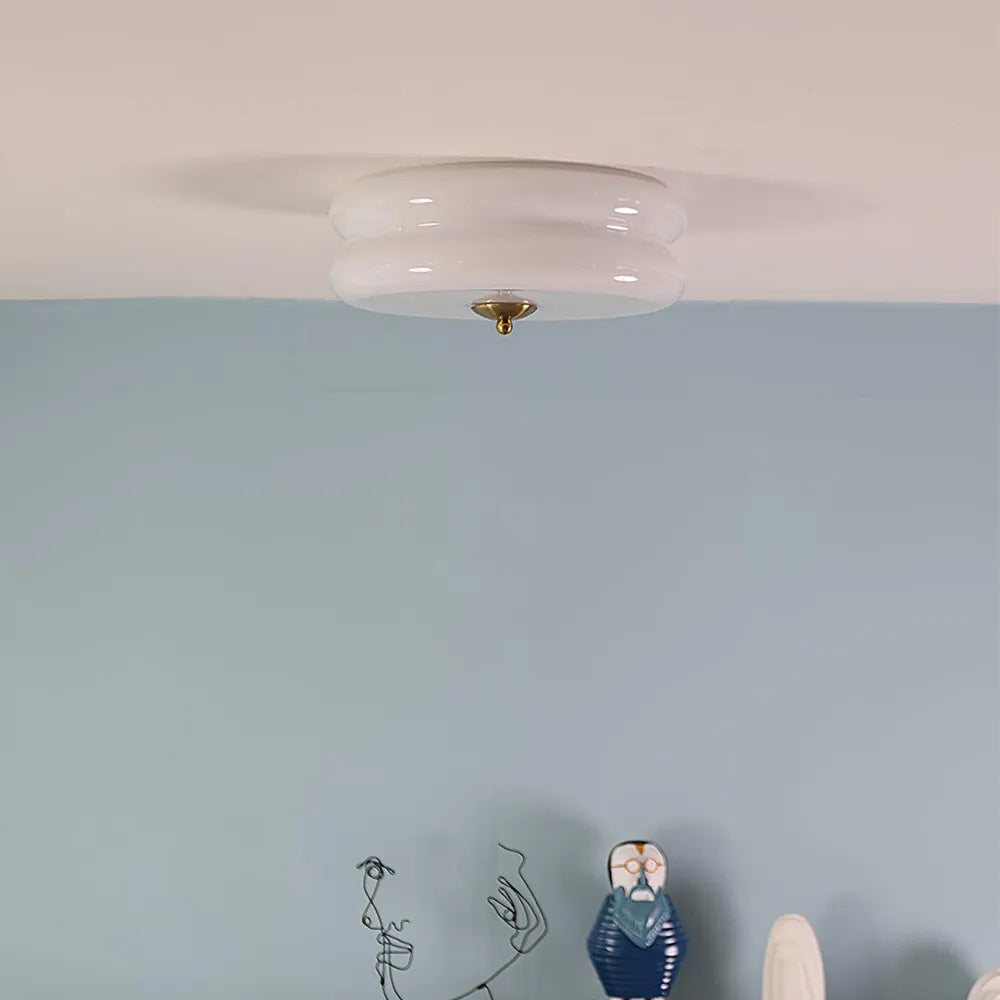 Industrial Glass Ceiling Light — LED Illumination, Gold Chrome Trim, Frosted White Dome, 13cm Height