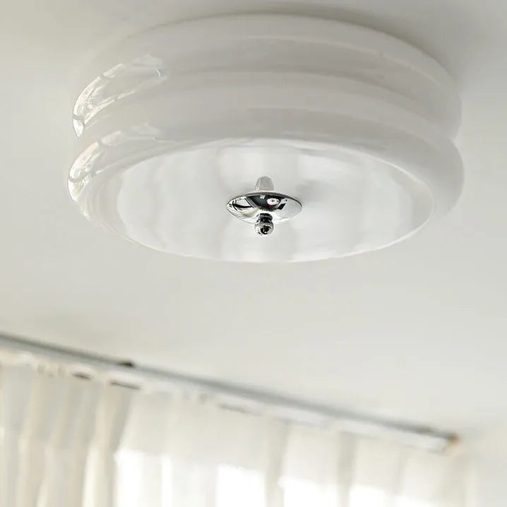 Industrial Glass Ceiling Light — LED Illumination, Gold Chrome Trim, Frosted White Dome, 13cm Height
