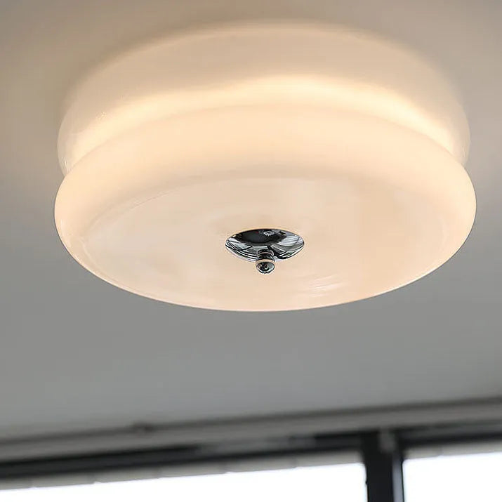 Industrial Glass Ceiling Light — LED Illumination, Gold Chrome Trim, Frosted White Dome, 13cm Height