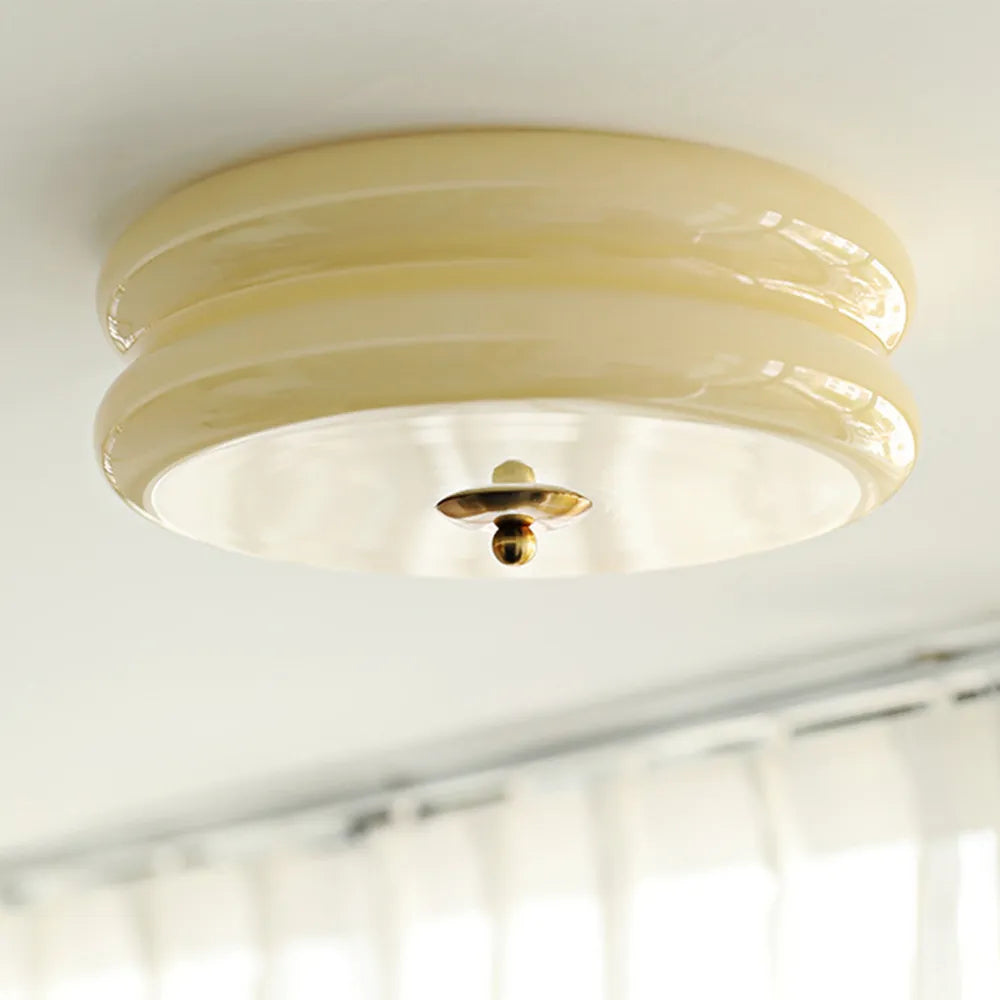 Industrial Glass Ceiling Light — LED Illumination, Gold Chrome Trim, Frosted White Dome, 13cm Height