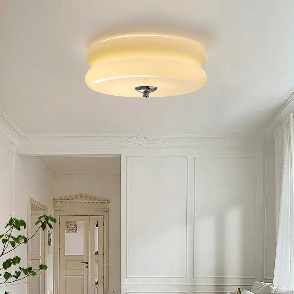 Industrial Glass Ceiling Light — LED Illumination, Gold Chrome Trim, Frosted White Dome, 13cm Height