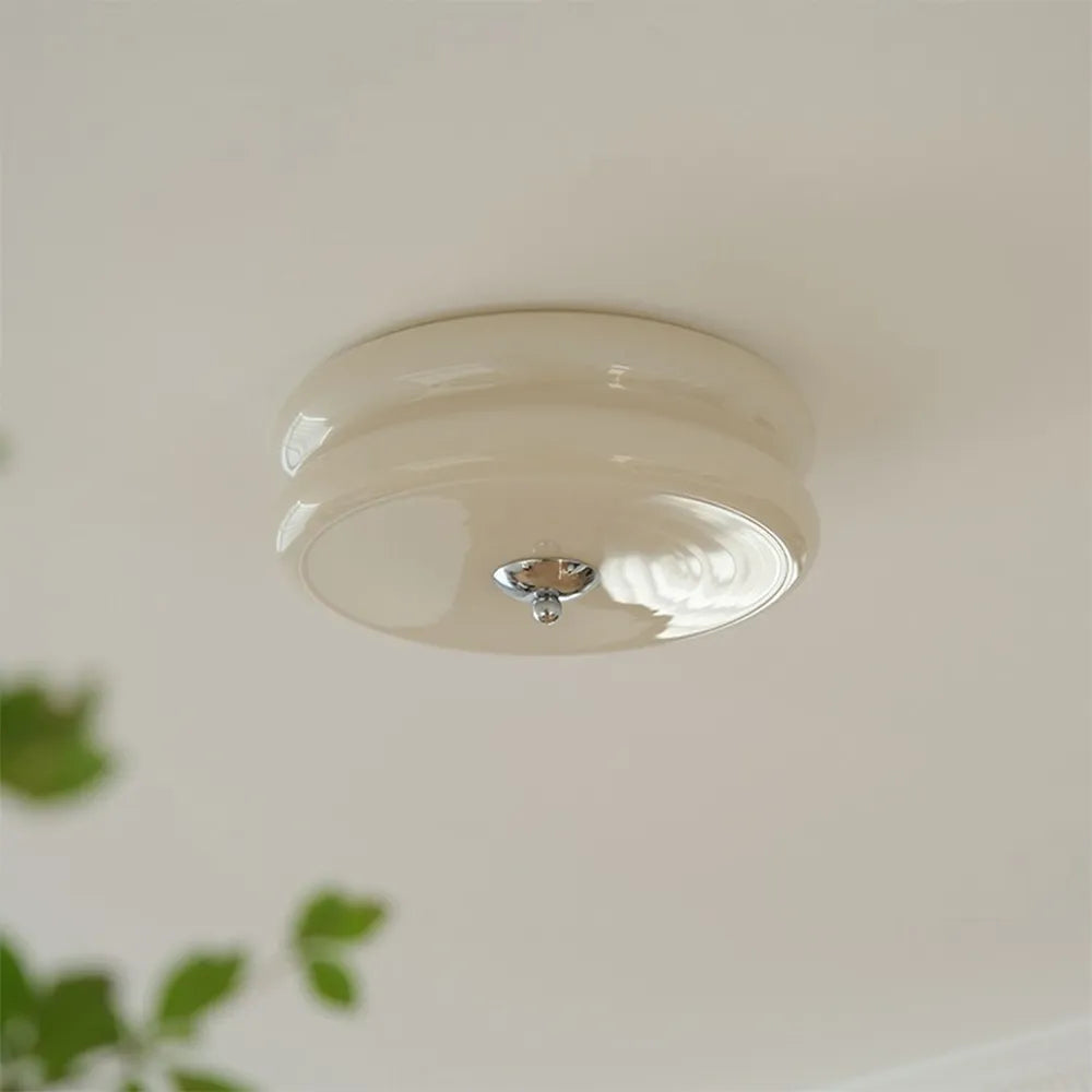 Industrial Glass Ceiling Light — LED Illumination, Gold Chrome Trim, Frosted White Dome, 13cm Height